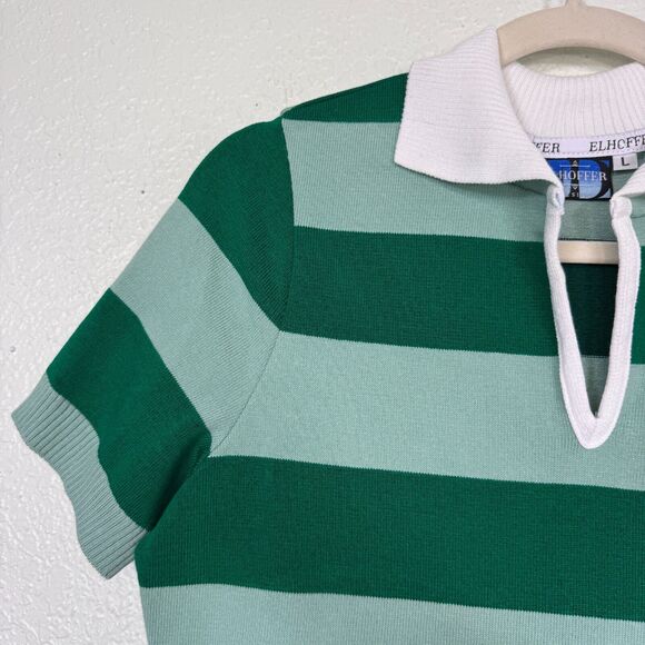 Elhoffer Top Women Large Detective Green Striped Polo Costume Cosplay Knit Shirt - Picture 4 of 11